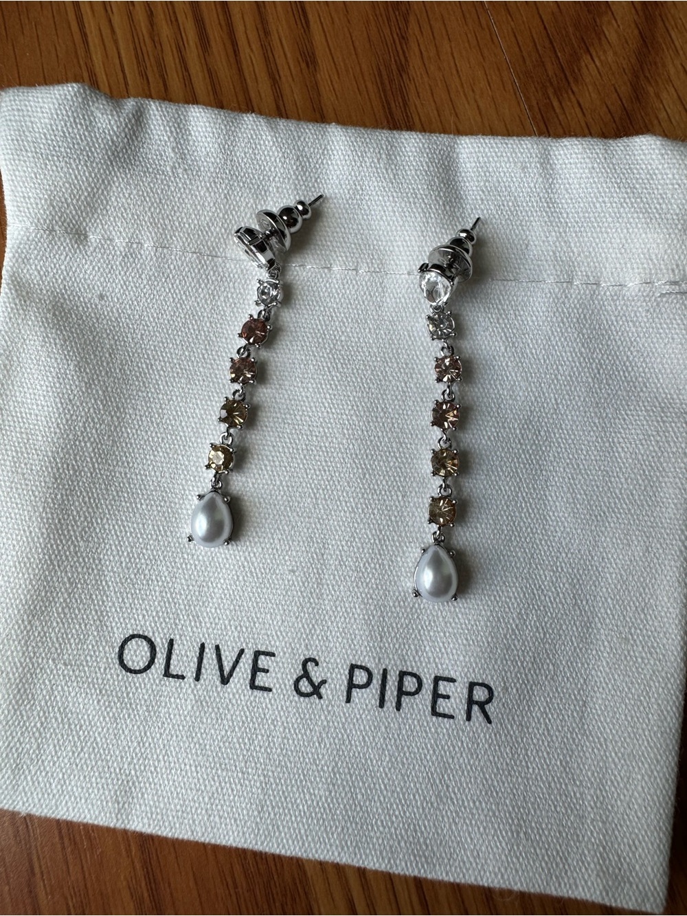 Olive & Piper Silver Drop Earrings with Champagne Stones and Pearl